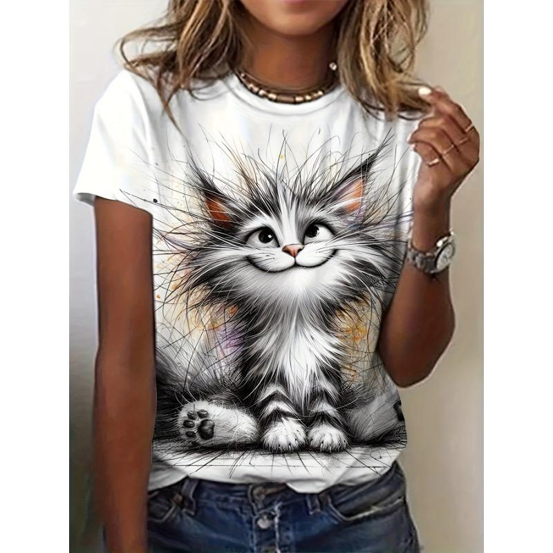 Women's Printed T-shirt with Cat Pattern - Casual Short-Sleeved Top - Large Size - Women's Clothing