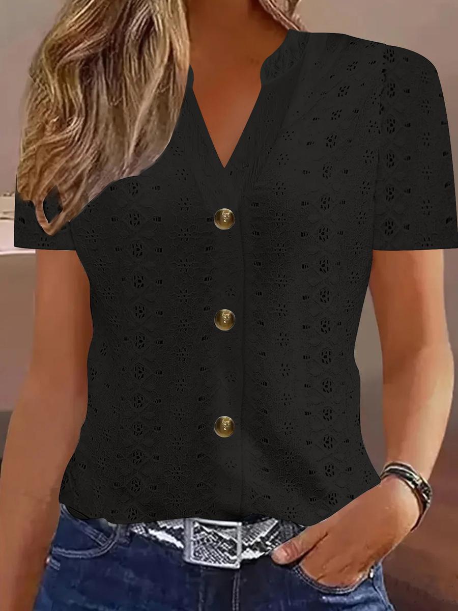 

Summer New Women s Fashion Casual Solid Color Button V-Neck Short Sleeve T-Shirt XS чёрный