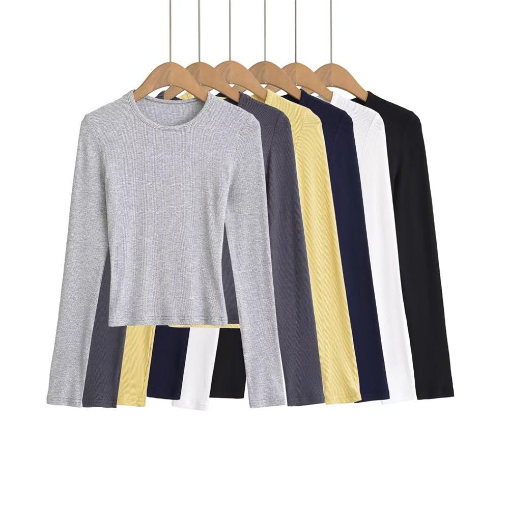 Trendy Women's Ribbed Long Sleeve Round Neck T-shirt - Slim Fit Autumn/Winter Base Layer in Solid Color.