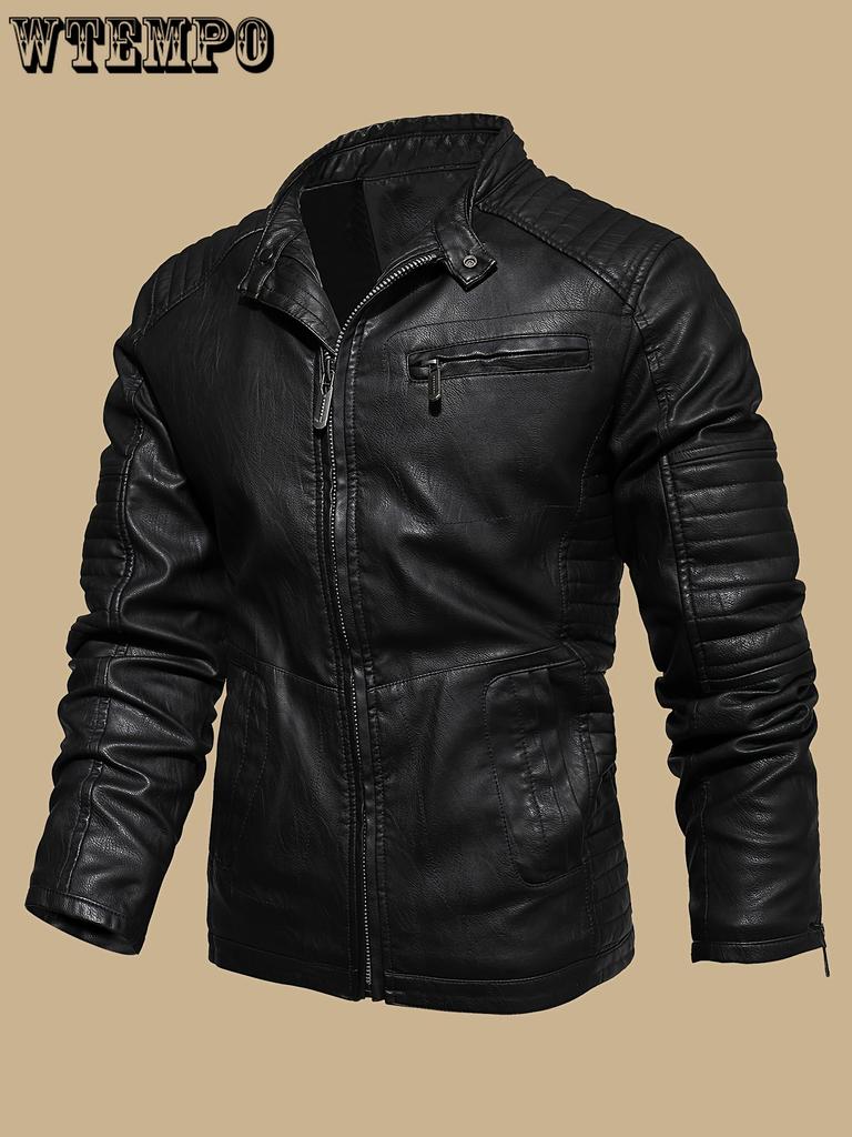 Vintage-Inspired Men's Faux Leather Jacket - Windproof, Warm Fleece Lined, Multi-Pocket Design for Motorcycle Riding & Casual Wear