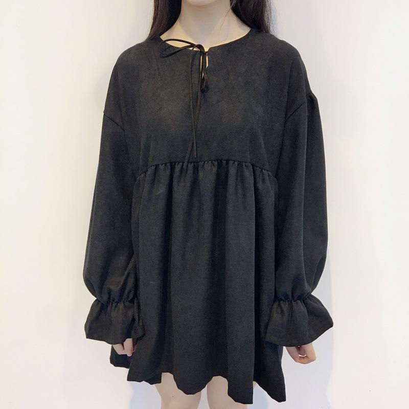 2025 Frühling/Herbst Damen Koreanisch-Japanischer Stil Schnürkleid Trompetenärmel Midi-Kleid