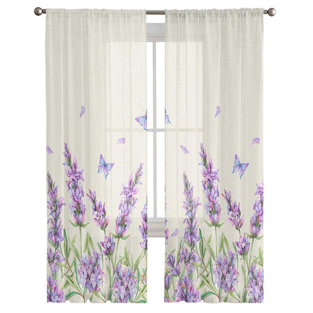Watercolor Lavender Flower Butterfly Sheer Curtains For Living Room Bedroom Home Decor Kitchen Tulle For Windows Voile Drapes