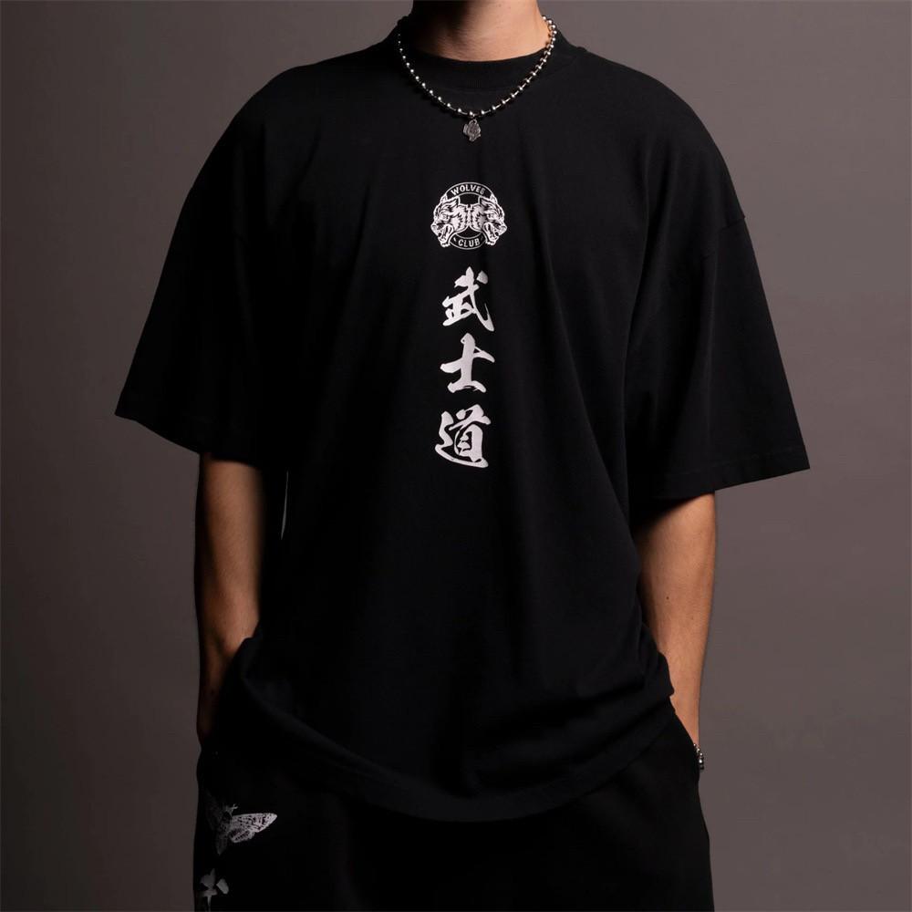 New DARCSPORT Wolf Head Bushido Short Sleeve Men's and Women's Oversized Yk2 American Sports and Leisure Loose Printed Cotton T-shirt