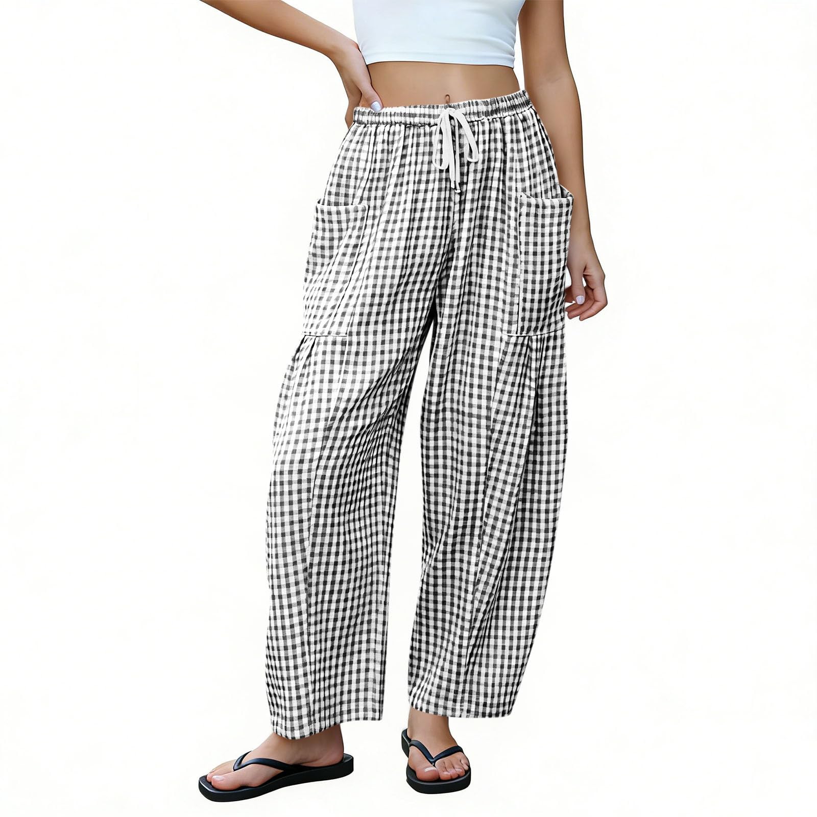 

Women’s Loose Fit Plaid Drawstring Waist Wide Leg Pants with Large Side Pockets Casual Lightweight Trousers L