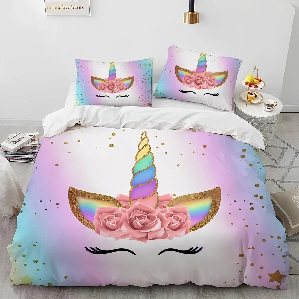 Luxury New 3D Print Unicorn Cute Cartoon Comforter Bedding Set,Duvet Cover Bed Set Quilt Cover Pillowcase,Queen Bedding Set