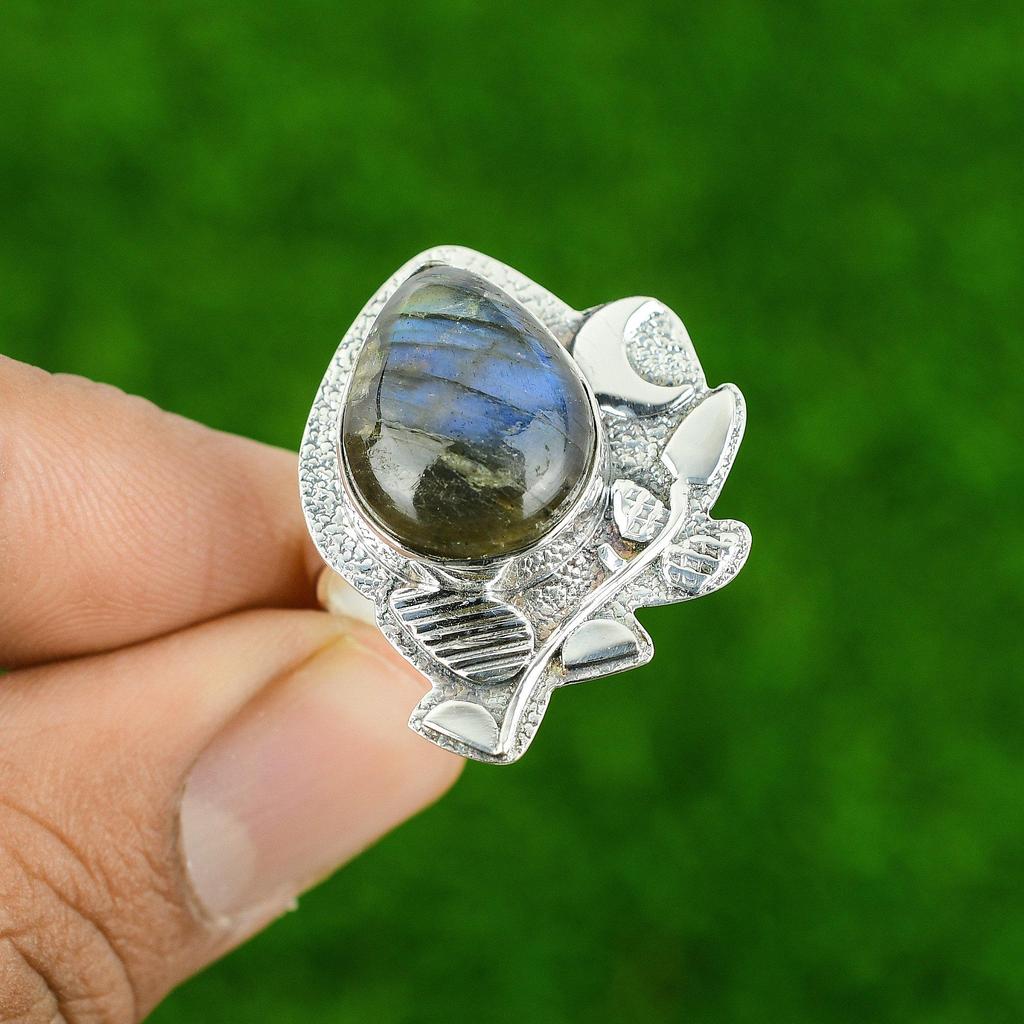 Pear Labradorite Stone Solitaire Cescent Moon Ring Jewelry 925 Sterling Silver