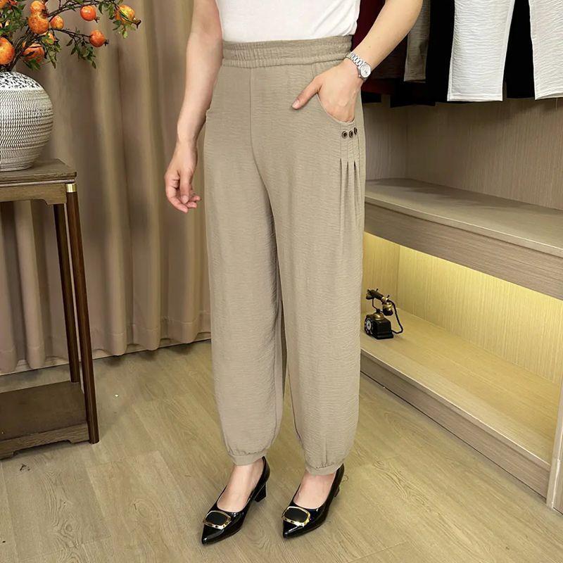 

Women s Plus Size Ice Silk High-Waisted Loose Summer Pants for Middle-Aged and Elderly 2XL (85-115 Jin) хаки