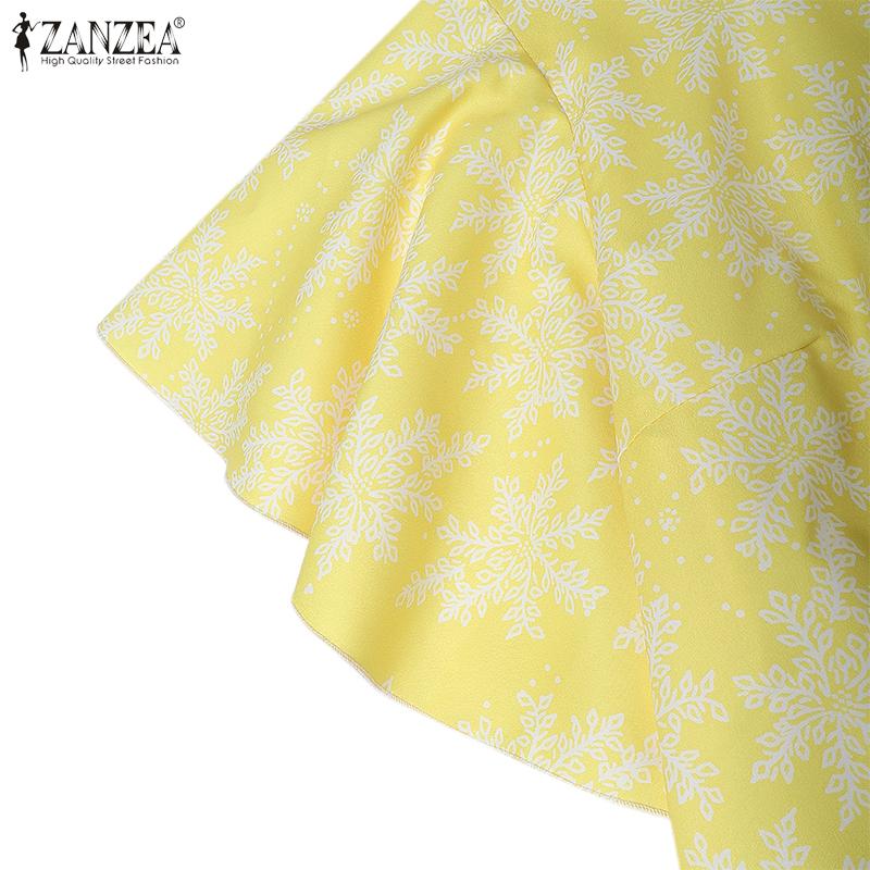 ZANZEA Women Summer Round Neck Ruffles Short Sleeve Casual Print Dress