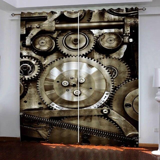 Steampunk Style Antique Composition Brass Fastening Round Print 3D Digital Printing Bedroom Living Room Window Curtains 2 Panels