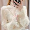 Women T-Shirt See Through Transparent Mesh Tops Long Sleeve Sheer Slim Ladies Turtleneck Silk Ruffled Edge T Shirt Lace Crop Top