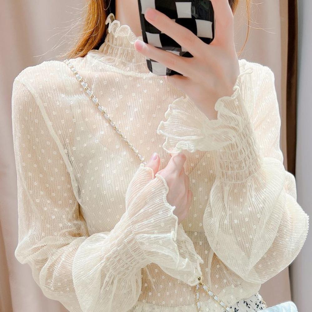 Women T-Shirt See Through Transparent Mesh Tops Long Sleeve Sheer Slim Ladies Turtleneck Silk Ruffled Edge T Shirt Lace Crop Top