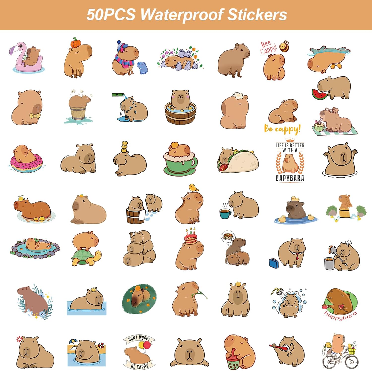 

50Pcs Capybara Stickers Cute Brown Stickers Waterproof Animation Animal Decals Gifts For Kids Party Favors Bottle Laptop Luggage