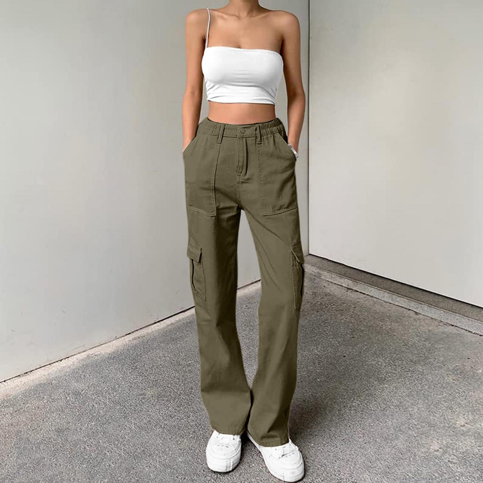 

Ladies Color High Waisted Work Pants, Casual Elastic Waisted Pocket Pants L армия зеленый