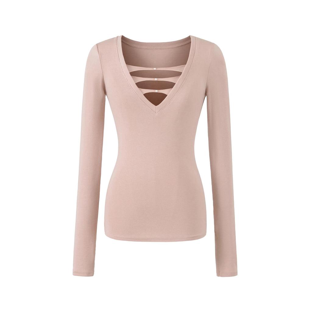 Spicy V-neck Pearl Hollow Long Sleeve Knit T-shirt - Women's Autumn Winter Slim Fit Base Layer