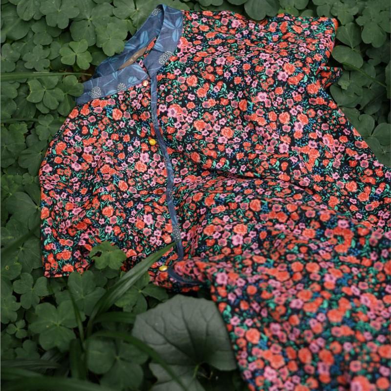 Johnature Women Vintage Print Floral A-Line Dresses Cotton Stand Short Sleeve Summer Chinese Style Dress