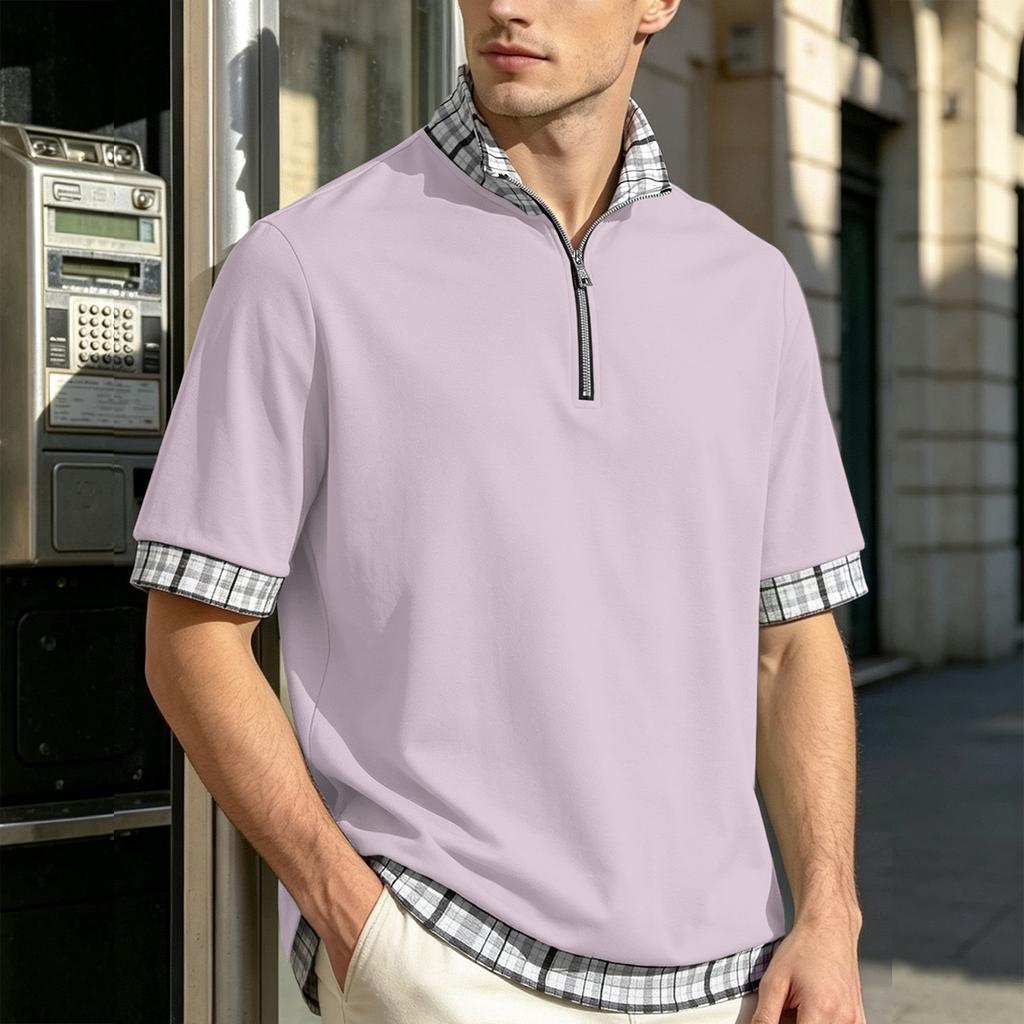 Men's Short Sleeve Polo Shirt with Half Zip Collar Layered Look Casual Loose Fit Big Size Plaid Pattern