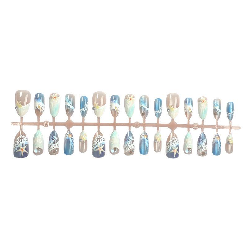 Handmade almond press on nails with 3D carved starfish & flowers, European style relief finished false nails for cross-border supply.