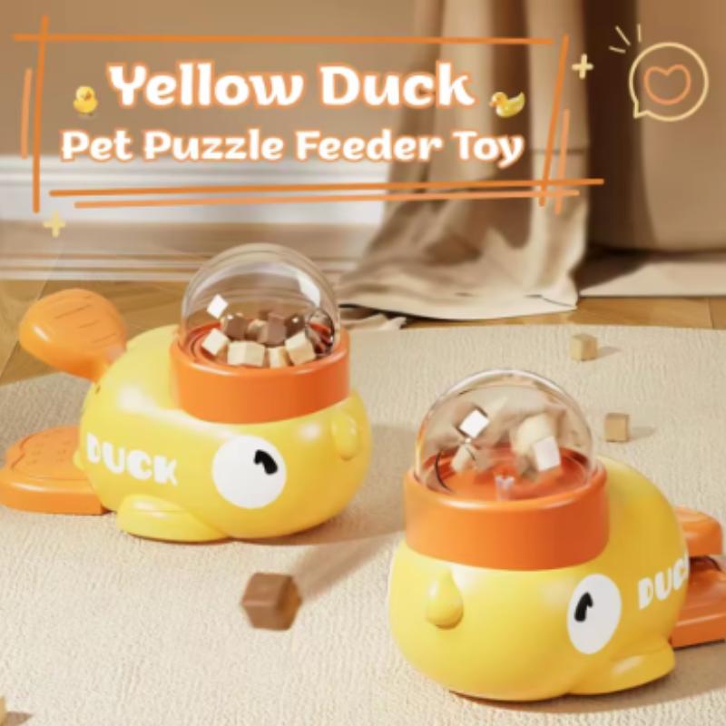 Yellow Duck-Shaped Cat Treat Dispenser Interactive Durable Plastic Puzzle Slow Feeder Dog Training Toy Entertainment