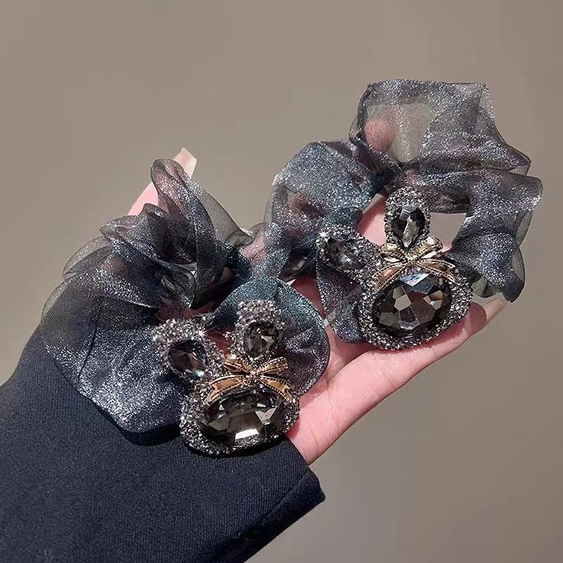 Fashion Rhinestone Rabbit Organza Scrunchies Women Hair Rope Retro Ponytail Holder Hair Band Elastic Hair Tie