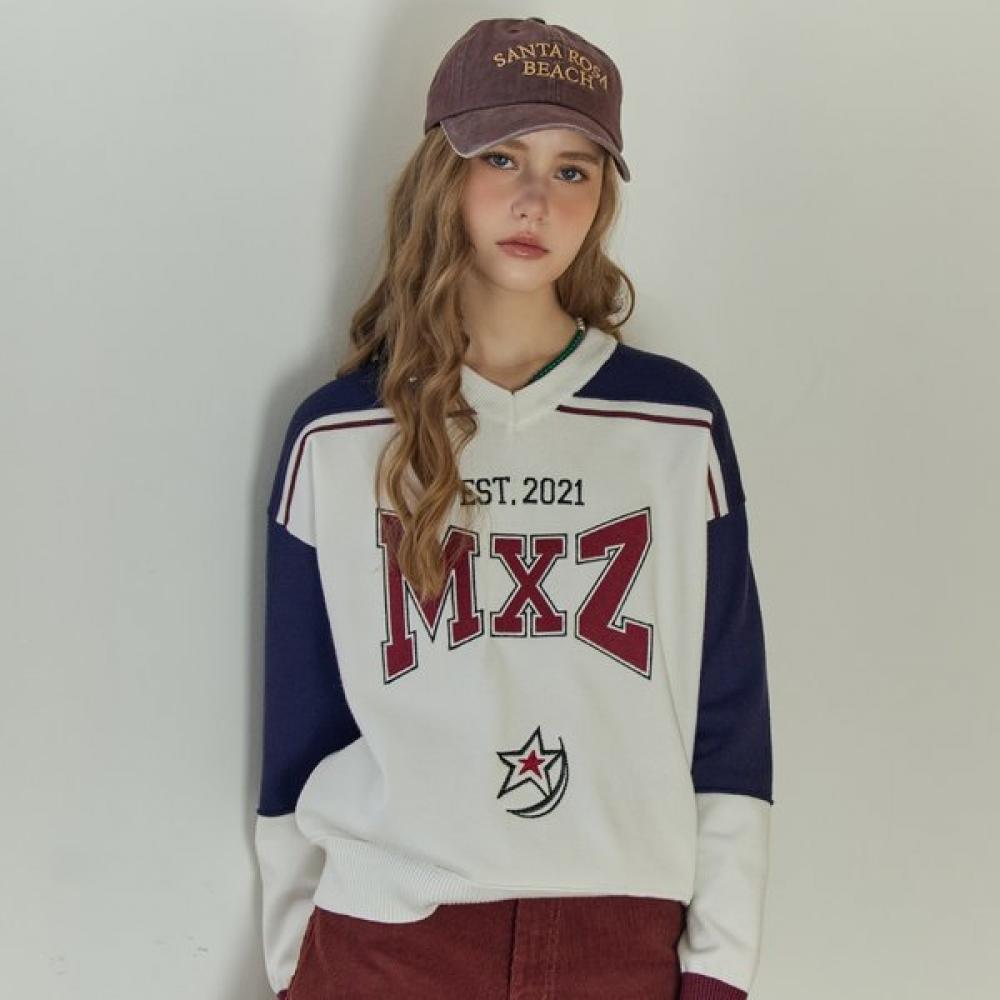 

Maxza Logo Lettering Color Block V Neck Knit Ivory/FREE