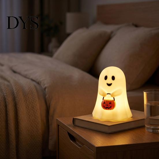 Ghost Festival Party Favors Cute Holding Pumpkin Bucket Table Lamp, Halloween Spooky Bedside Haunted House Props Small LED Night Light for Bedroom