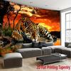 2D Flat, Leopard Sunset Reflection Water Jungle Tapestry Wall Hanging For Living Room Bedroom Decor Wild Animal Nature Art Print