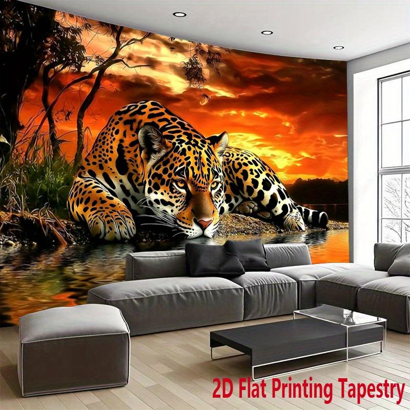 2D Flat, Leopard Sunset Reflection Water Jungle Tapestry Wall Hanging For Living Room Bedroom Decor Wild Animal Nature Art Print