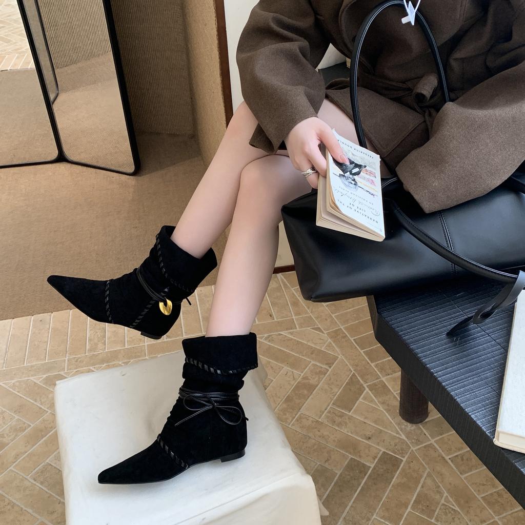 Inner height increase fashion suede thin knight boots women's 2025 autumn and winter new pointed western cowboy stacking boots