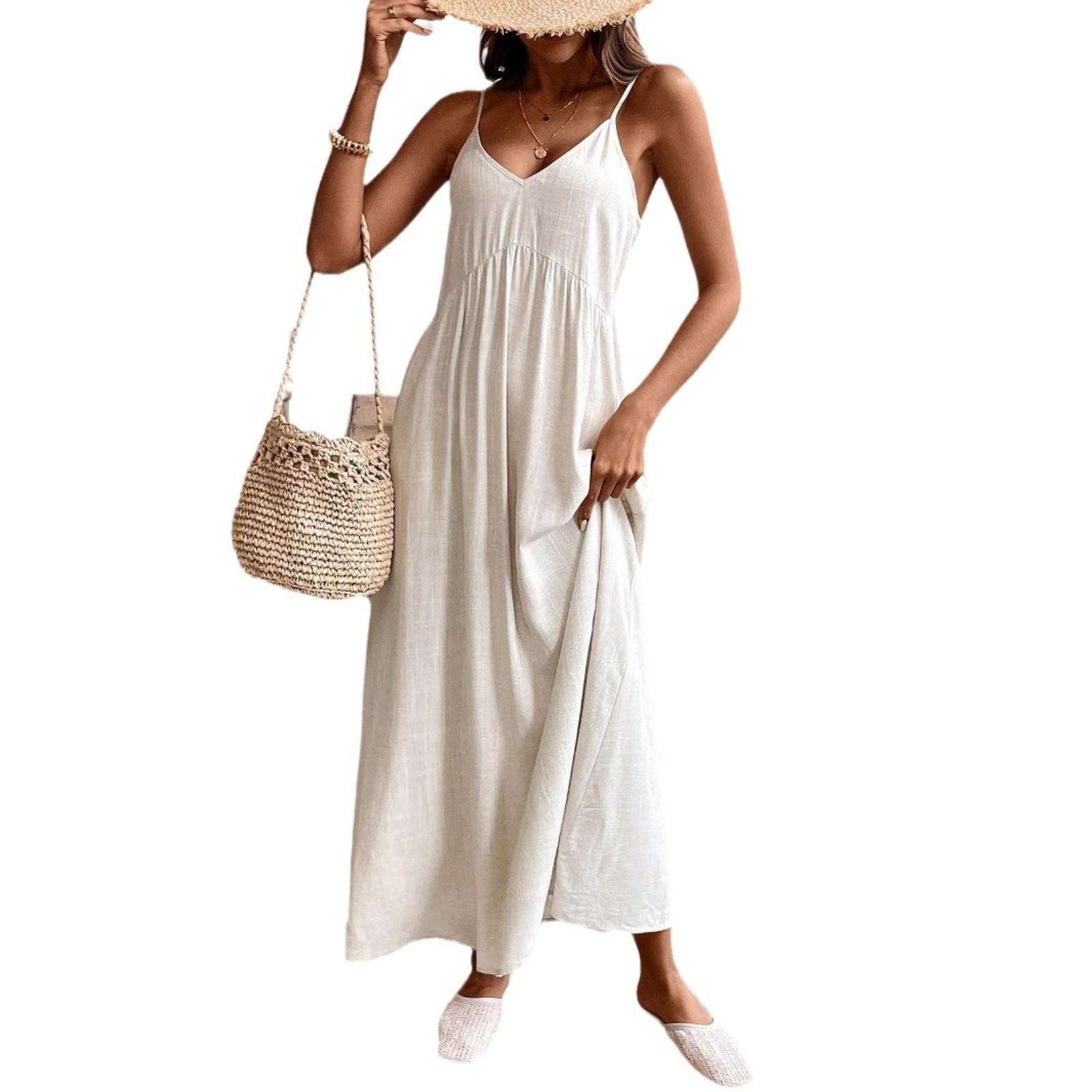 

Backless Dress V,neck High Waist Suspender Dress XL бежевий