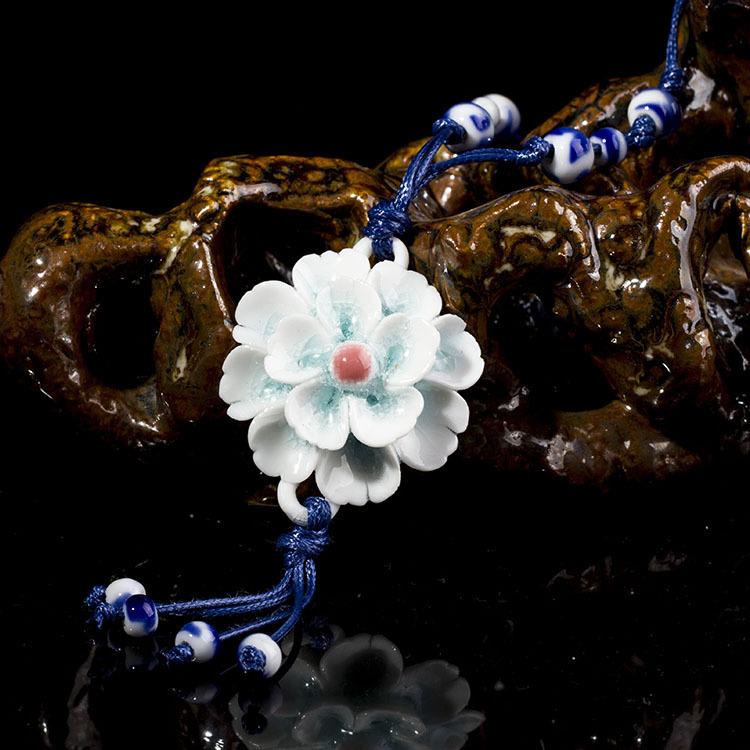Classical Ceramic Blue and White Porcelain Peony Flower Necklace Women's Literary Retro Versatile Long Sweater Chain Accessories