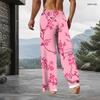 Men Plus Size Pink Cherry Blossom Printed Drawstring Waist Side Pockets Straight Leg Full Length Beach Pants