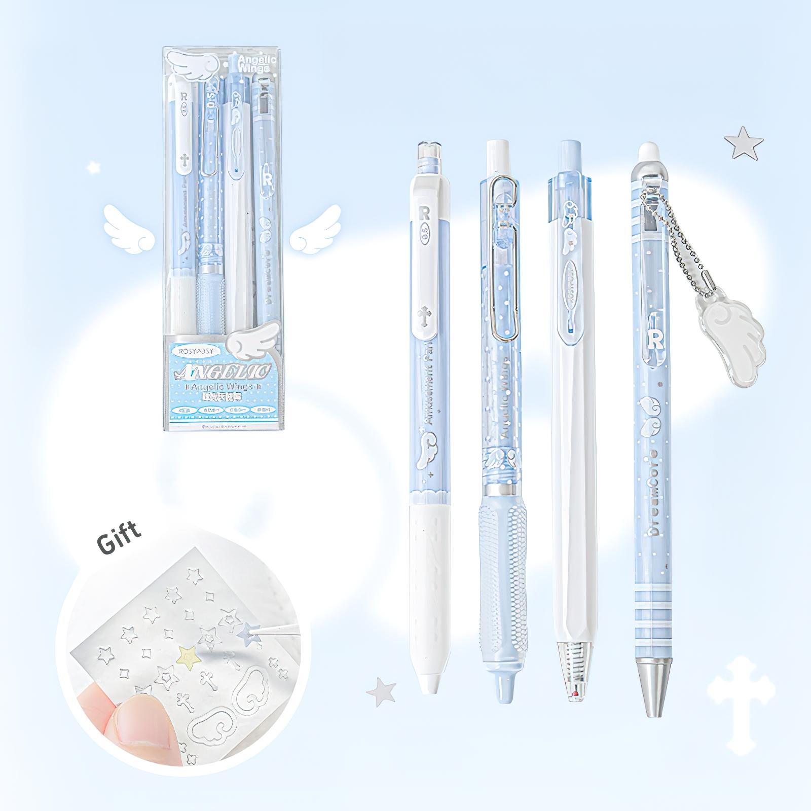 Angelic Series Pearl Angel Wings Gel Pens Cute Angel 4-Pack Smooth Writing 0.5mm Ballpoint Rollerball Pens Black Ink