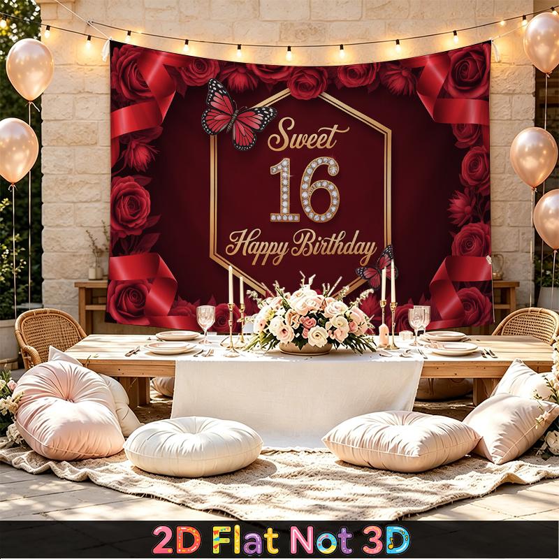 1pc Birthday 16th Rose Floral Luxury Party Banner Red