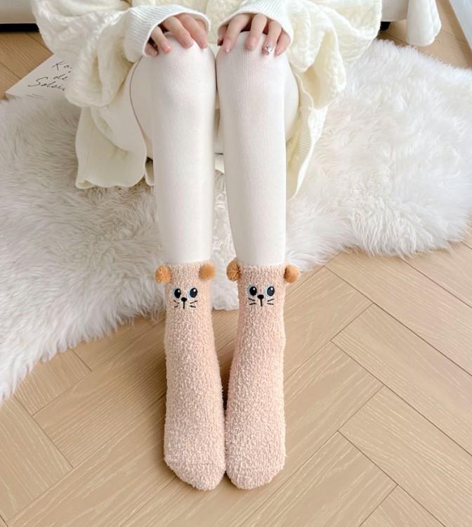 Japanese Coral Fleece Bear Cartoon Mid-Calf Socks - Autumn/Winter, Non-Shedding Sleep Socks