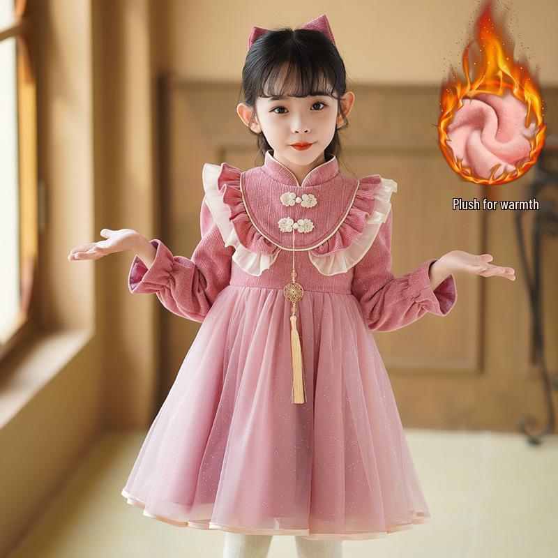 Red Winter Chinese-Style Plush Princess Dress for Girls - New Year's Baby Outfit