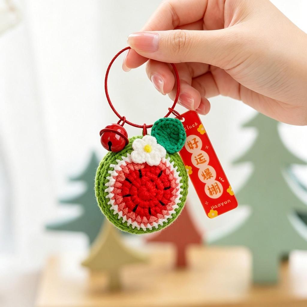 Hand-Knitted Apple & Persimmon Holiday Keychain Pendant