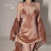 Women's Velvet Lace Warm Cami Sleep Dress with Robe Lounge Set