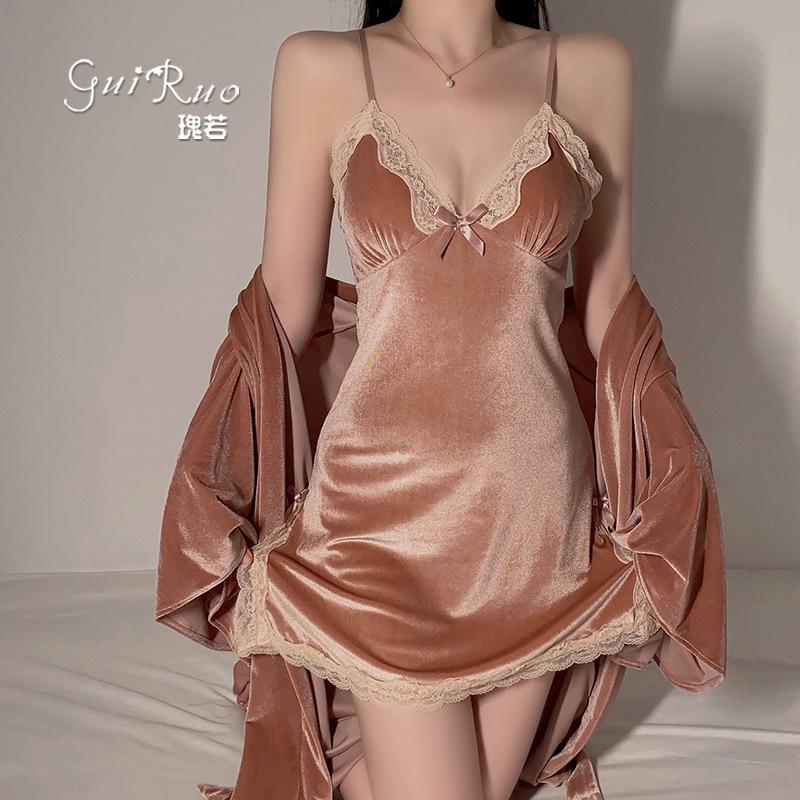 Women's Velvet Lace Warm Cami Sleep Dress with Robe Lounge Set