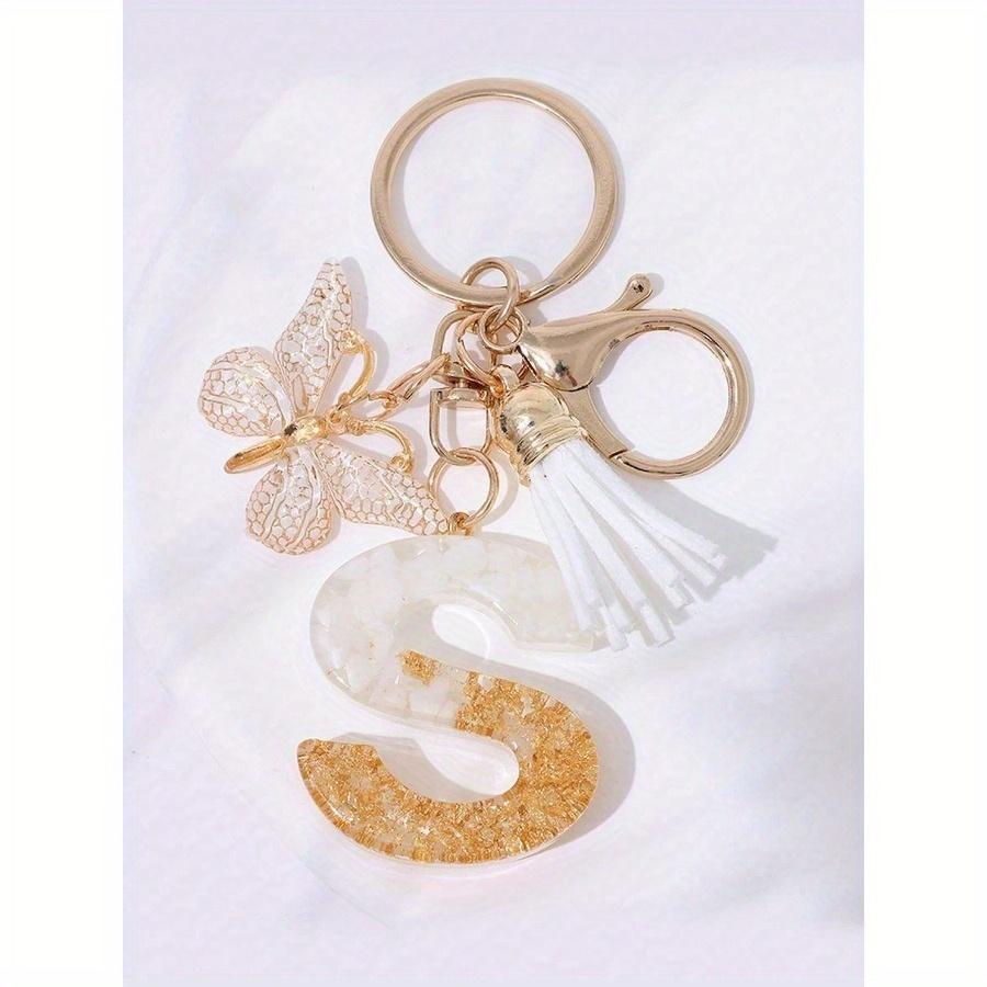 Cute Initial Letter Keyrings White Keychen, Capital Alphabet Gold Foil Resin Keychain Charm with Butterfly Tassel Pendant, Thanksgiving