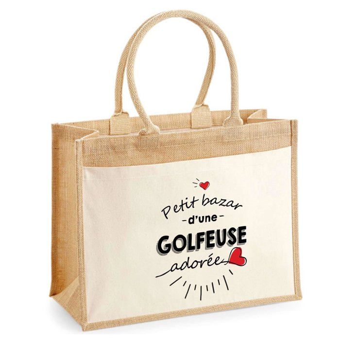 Sac de plage - PLANETEE - Jute avec poche Bazar d'une Golfeuse adorée - Coton réutilisable - Multicolore - 43x33 cm