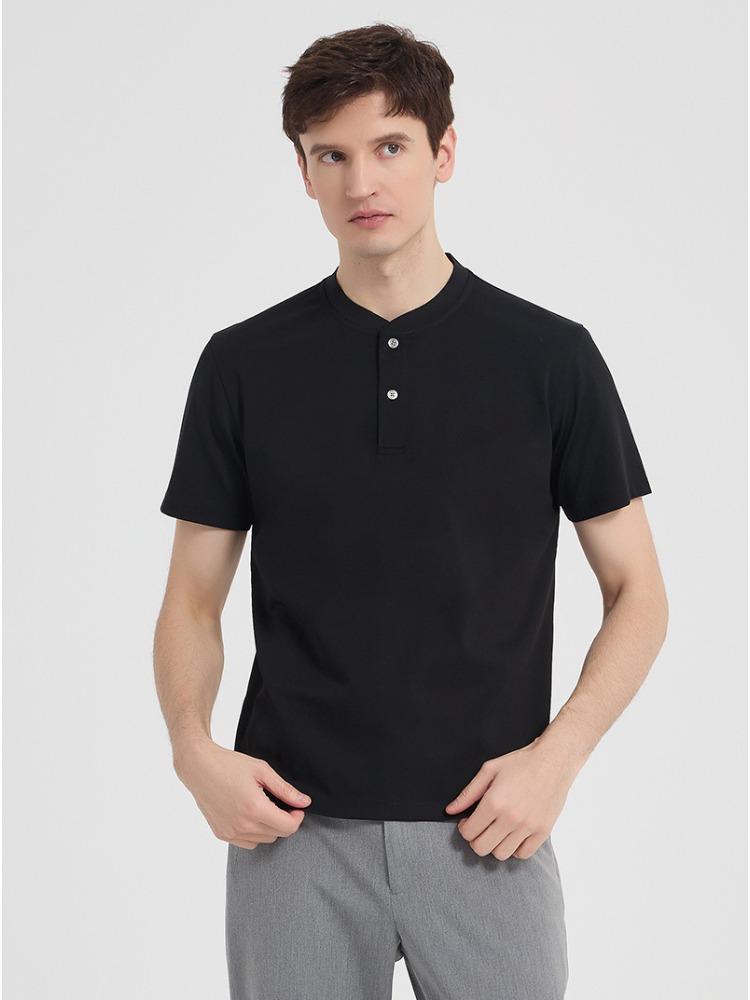 Youth Double-sided Lyocell Mercerized Cotton T-shirt Stand-collar Black Premium Short-sleeve Minimalist Lightweight Breathable Business T-shirt
