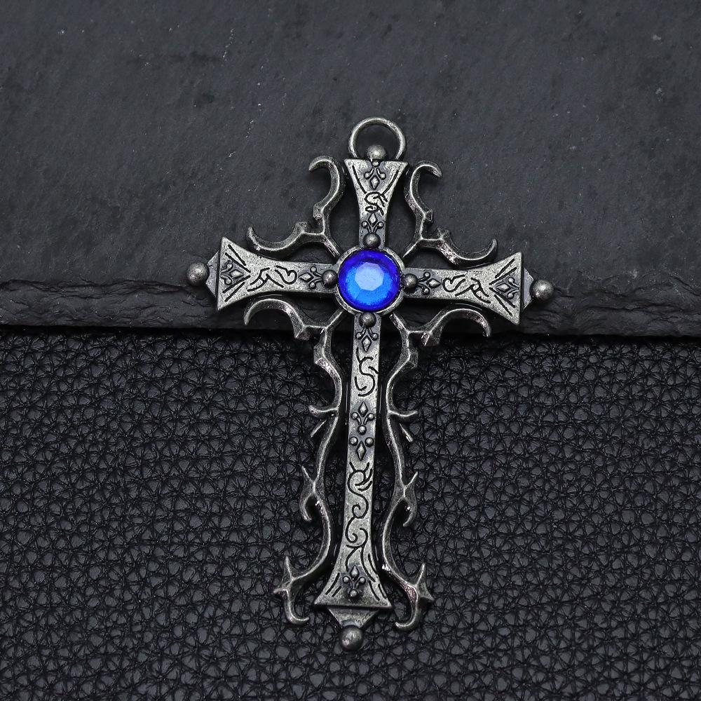 Retro Punk Cross Pendant Necklace – European & American Style, Hollow Inlay Design, Key Personality Sweater Chain Accessory.