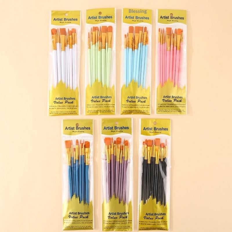 10Pcs/Set Multi-Functional Watercolor Brush Pearlescent Plastic Rod Nylon Hair Hook Line Gouache Oil Brush School Art Supplies