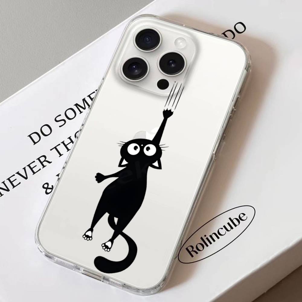 Black Cat Scratching Wall Phone Case Soft Transparent Case For IPhone 17 16 15 14 13 12 11 Pro Max Mini Plus Shockproof Cover Ca