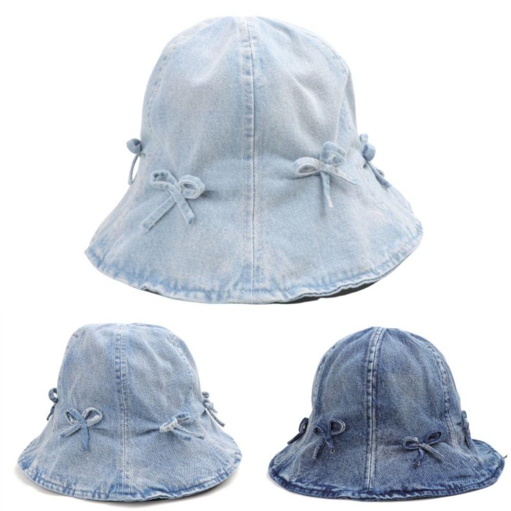 Korean Style Denim Bucket Hats Sweet Sunscreen Hat Cute Bow Fisherman Hat Summer Spring