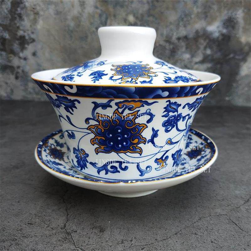 180ml Ceramic Covered Bowl Chinese Blue and White Tea Bowl Home Kung Fu Tea Set Drinking Utensils Tea Cup with Lid Teaware