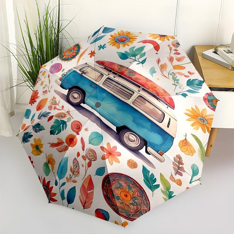 

1pc Floral Adventure Pattern Umbrella, Fashionable, Personalized, High-Value Folding Umbrella, a Must-Have for Summer, 8-Rib Durable Iron Frame, Tri-F