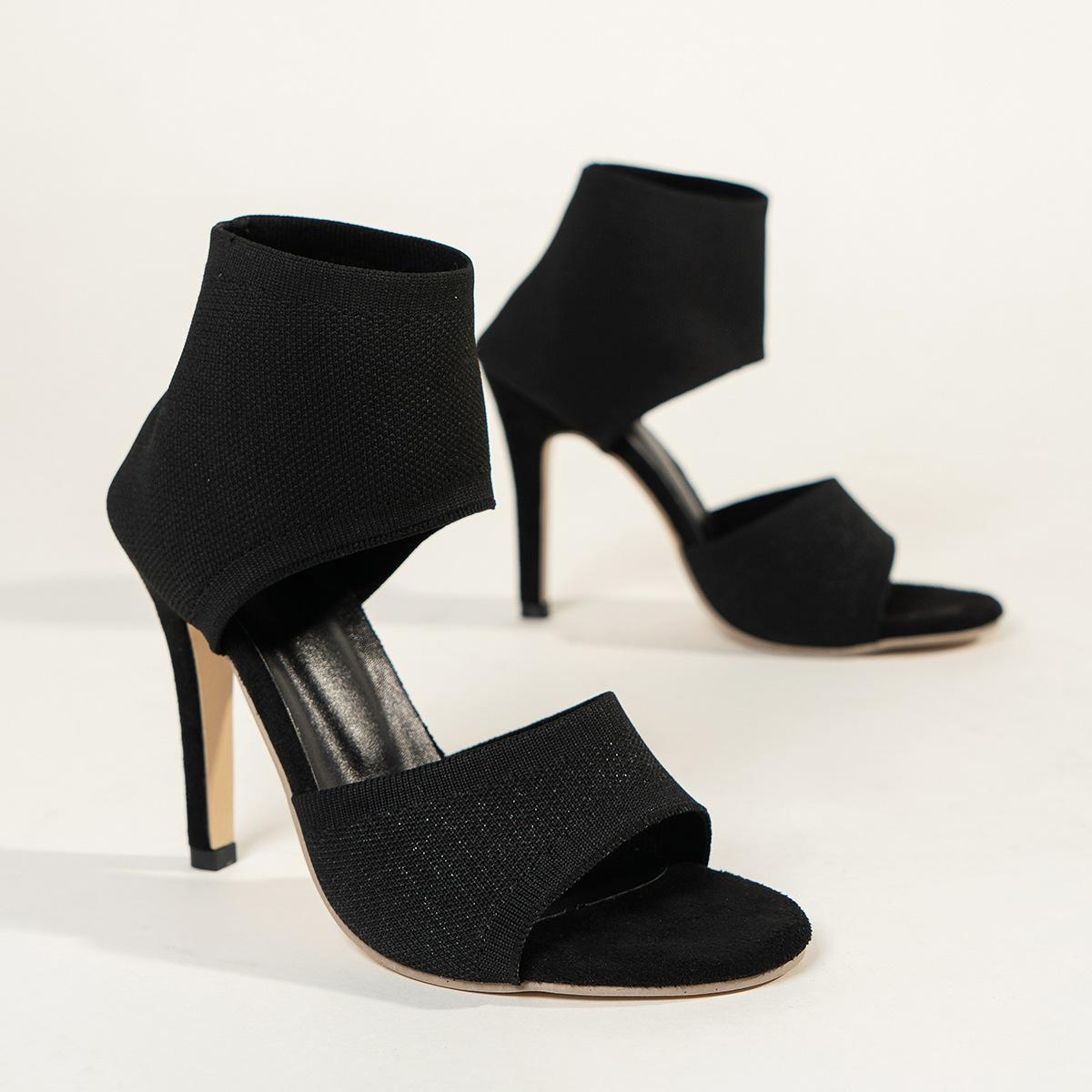 

Heels 2024 summer new European and American large size high heels women s black fly-woven thin heels fish mouth sandals women 36