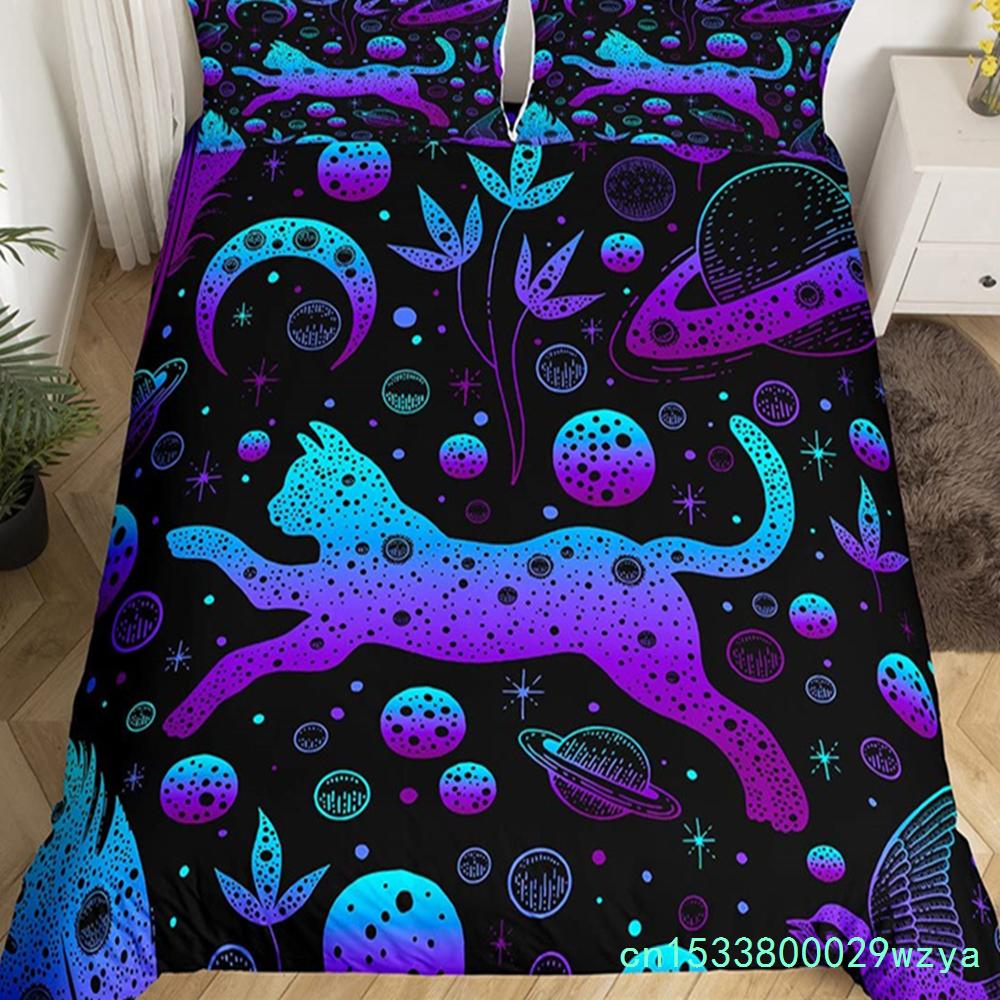 Capa de edredom fofa de gato de Halloween, conjunto de cama de castelo misterioso para crianças, adolescentes, microfibra, floresta enevoada, morcego, colcha, roupas de cama queen