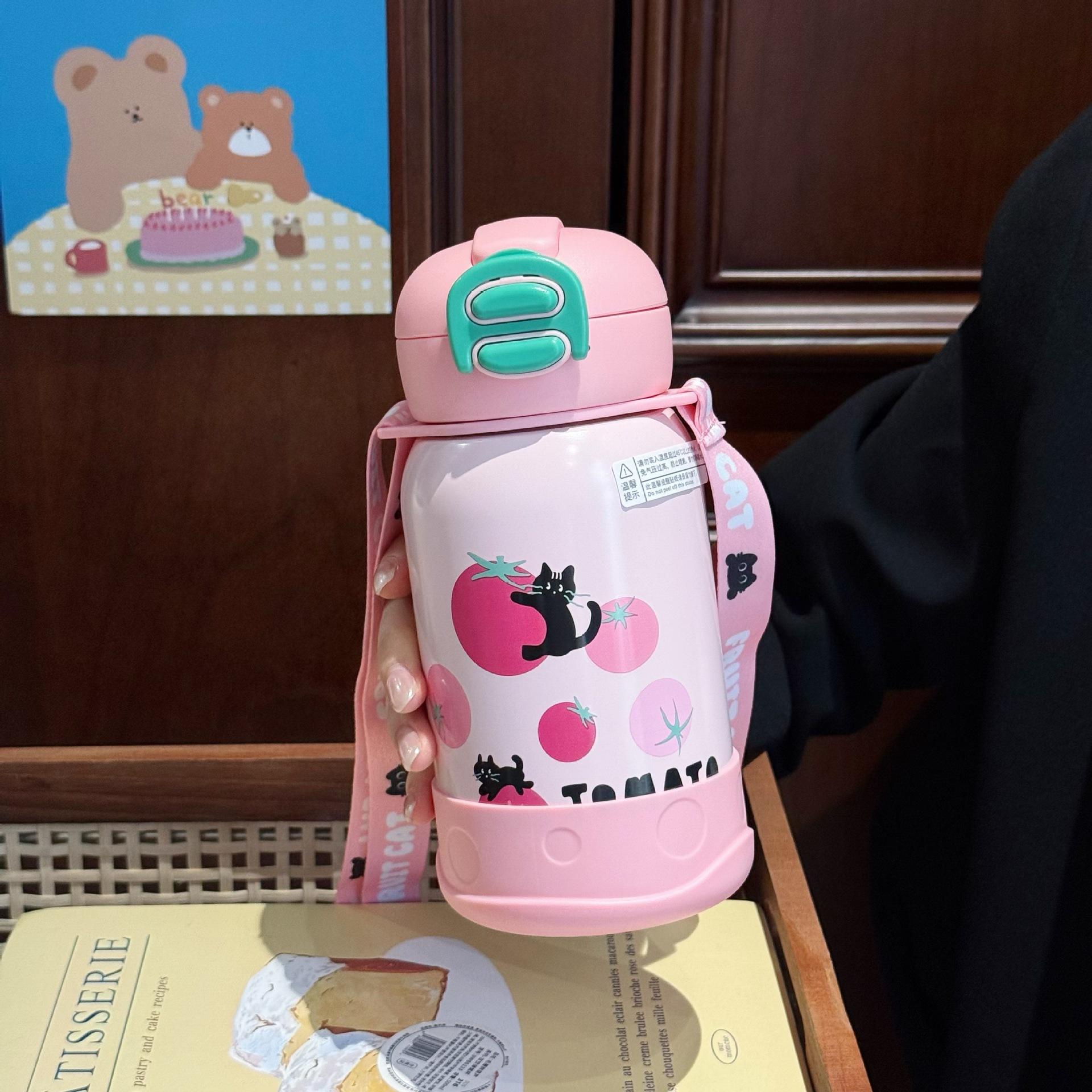 

High value creative children s cartoon thermos cup 316 stainless steel water cup one-click elastic cover double drink bouncing straw cup 500ml